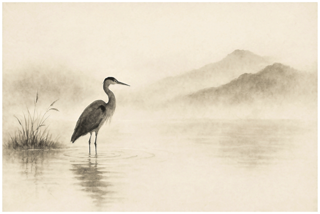 Main image Heron in Still Water – Quiet Presence: A solitary heron in shallow water with reeds and misty mountains, minimalist ink-style fine art print on textured matte Hahnemühle cotton paper.