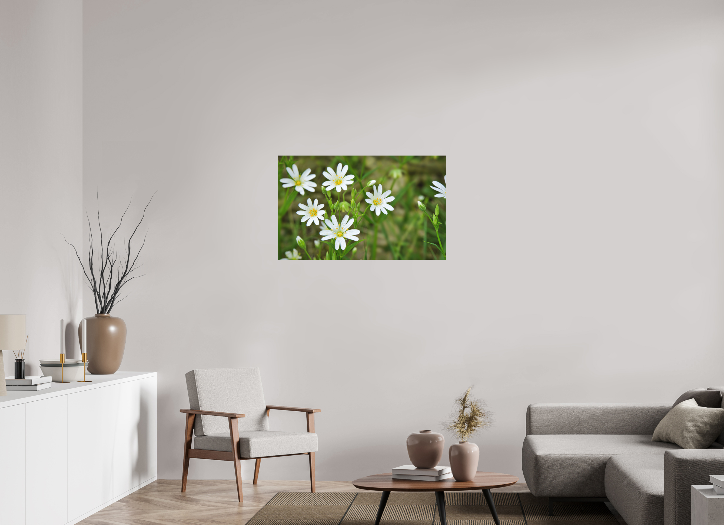 96,4 x 60 cm, Aluminum Dibond The Silence of the Stitchwort – Botanical Elegance in Soft Green