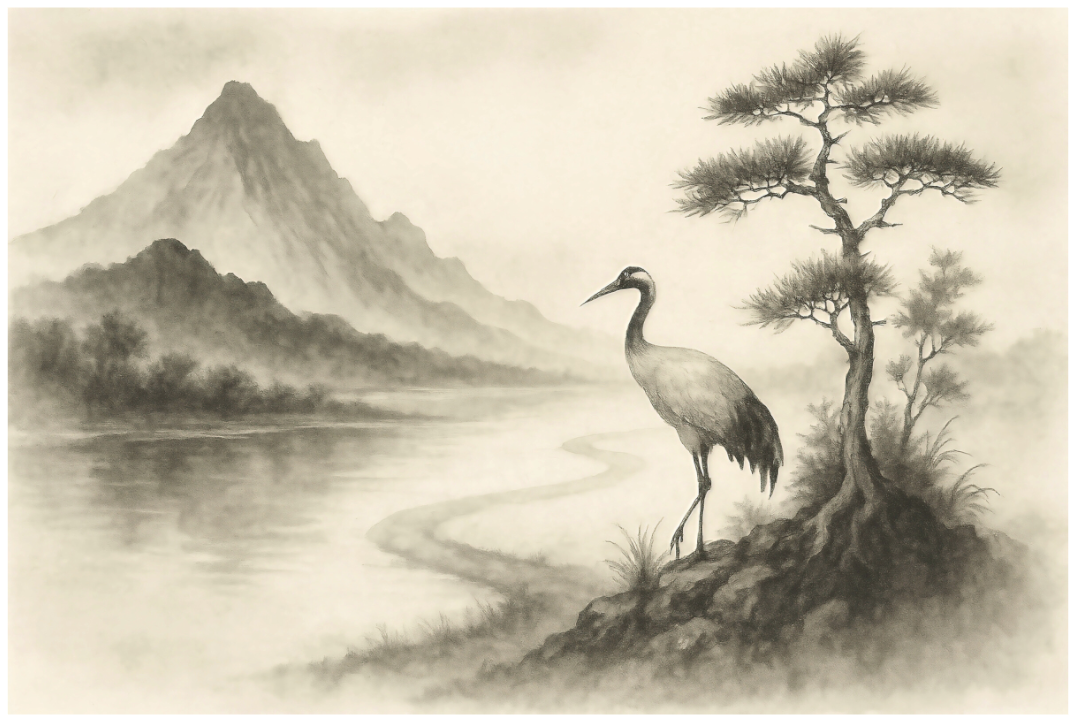 Main image Crane by the Quiet River – Zen Ink Landscape: Traditional Japanese sumi-e style ink wash painting of a crane standing by a quiet river with pine trees and misty mountains, minimalist monochrome wall art.