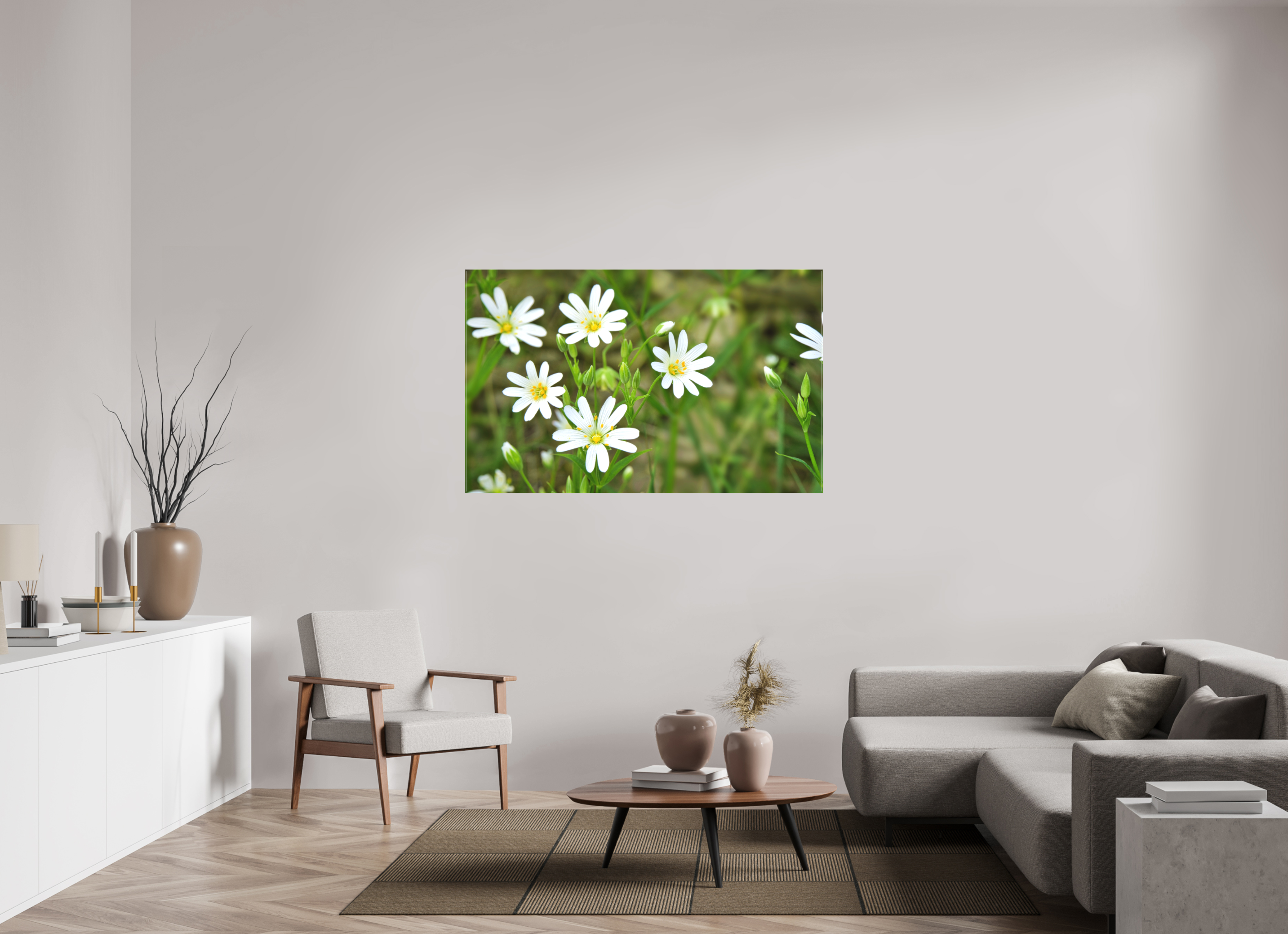 144,6 x 90 cm, Canvas The Silence of the Stitchwort – Botanical Elegance in Soft Green