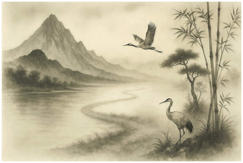 Main image Cranes in the Mist – Zen Ink Landscape: Minimalist Japanese sumi-e style ink wash painting of cranes standing in a misty mountain landscape with bamboo, zen-inspired monochrome wall art.