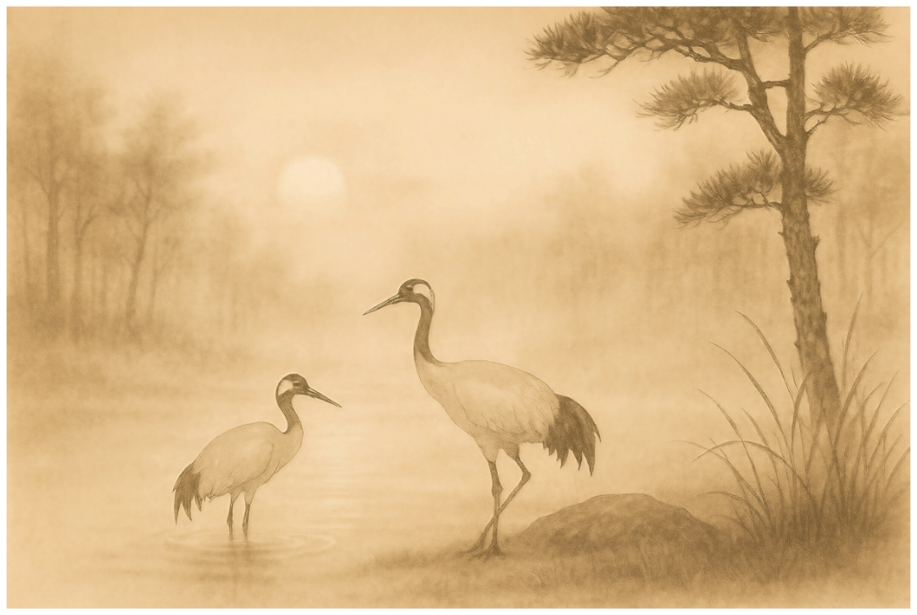 Main image Cranes at Dawn – Harmony in the Mist: Minimalist Zen ink-style art featuring two cranes in the morning mist under a soft sun, fine art print on textured matte 100% cotton Hahnemühle paper.