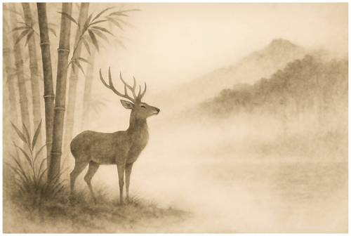 Main image Deer in the Mist – Quiet Strength: Solitary deer at a misty lake with bamboo leaves in sepia tones, minimalist Zen-style fine art print on textured matte 100% cotton Hahnemühle paper.