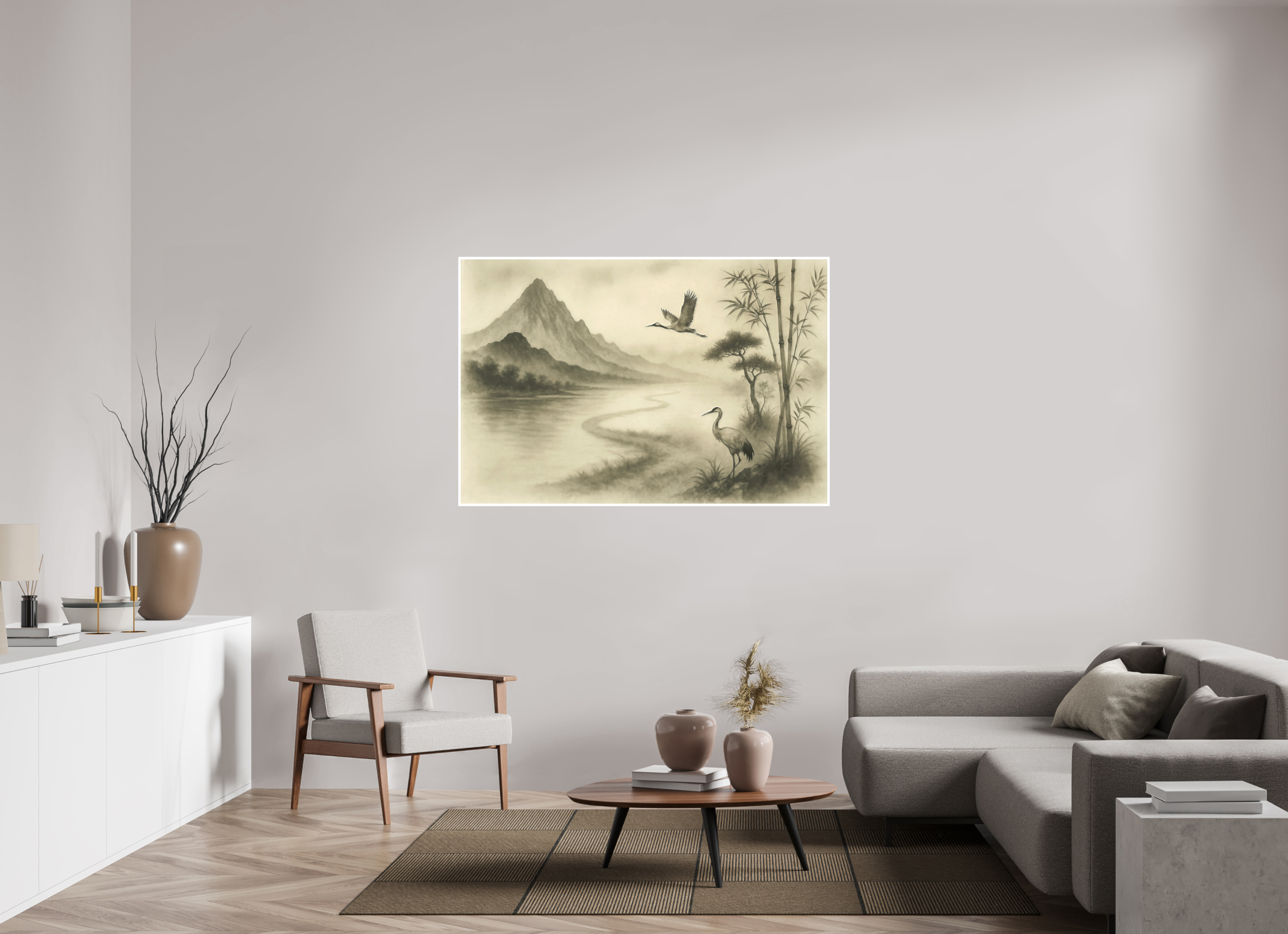 150 x 100 cm, Poster Cranes in the Mist – Zen Ink Landscape