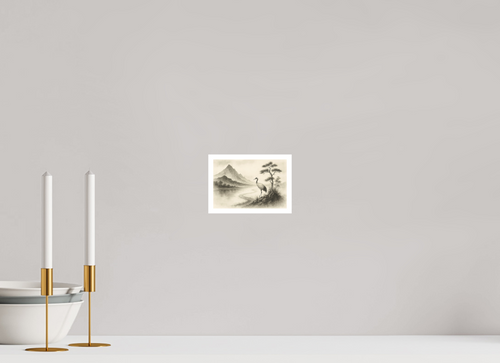 15 x 10 cm, Poster Crane by the Quiet River – Zen Ink Landscape