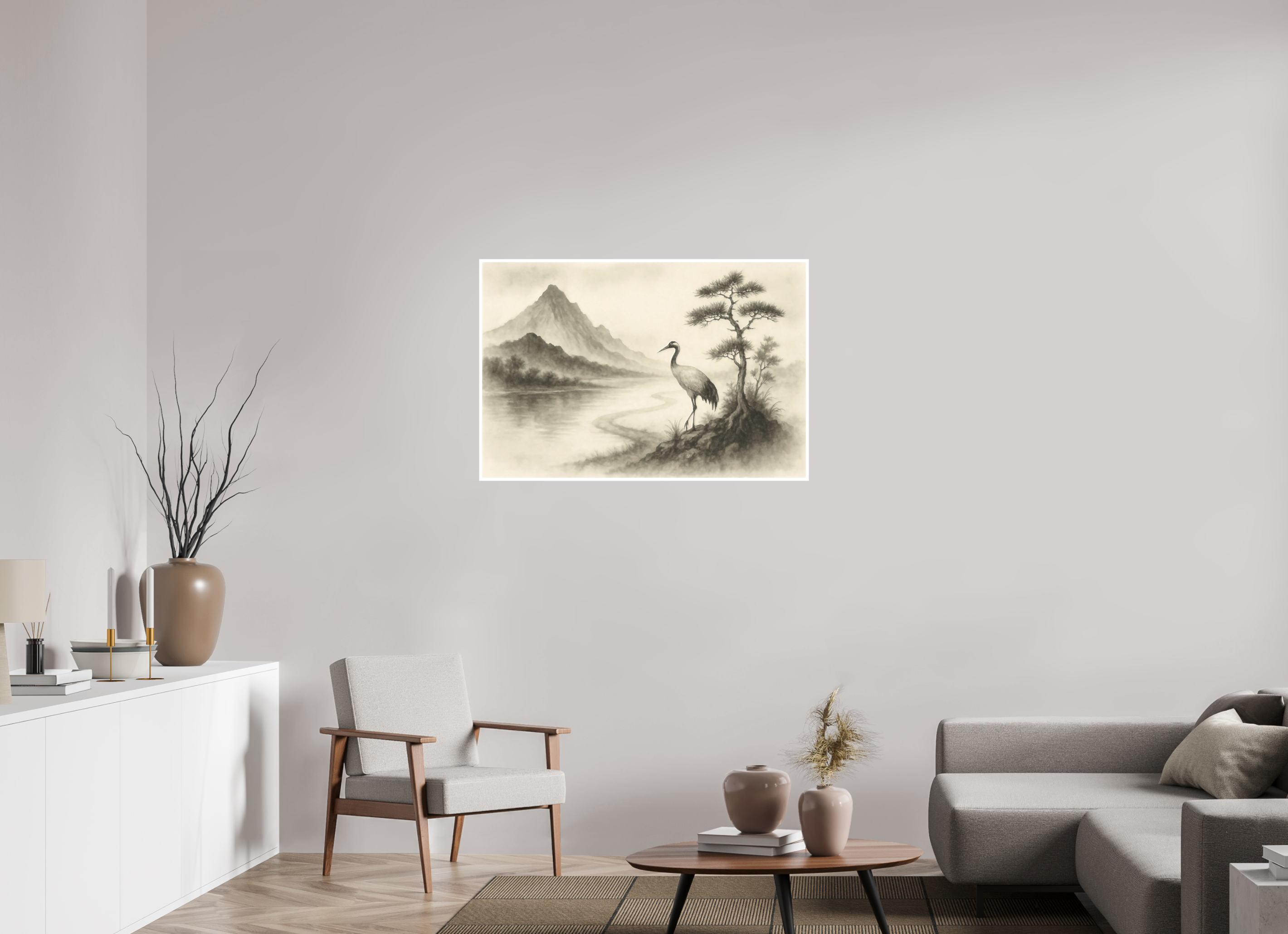 105 x 70 cm, Poster Crane by the Quiet River – Zen Ink Landscape
