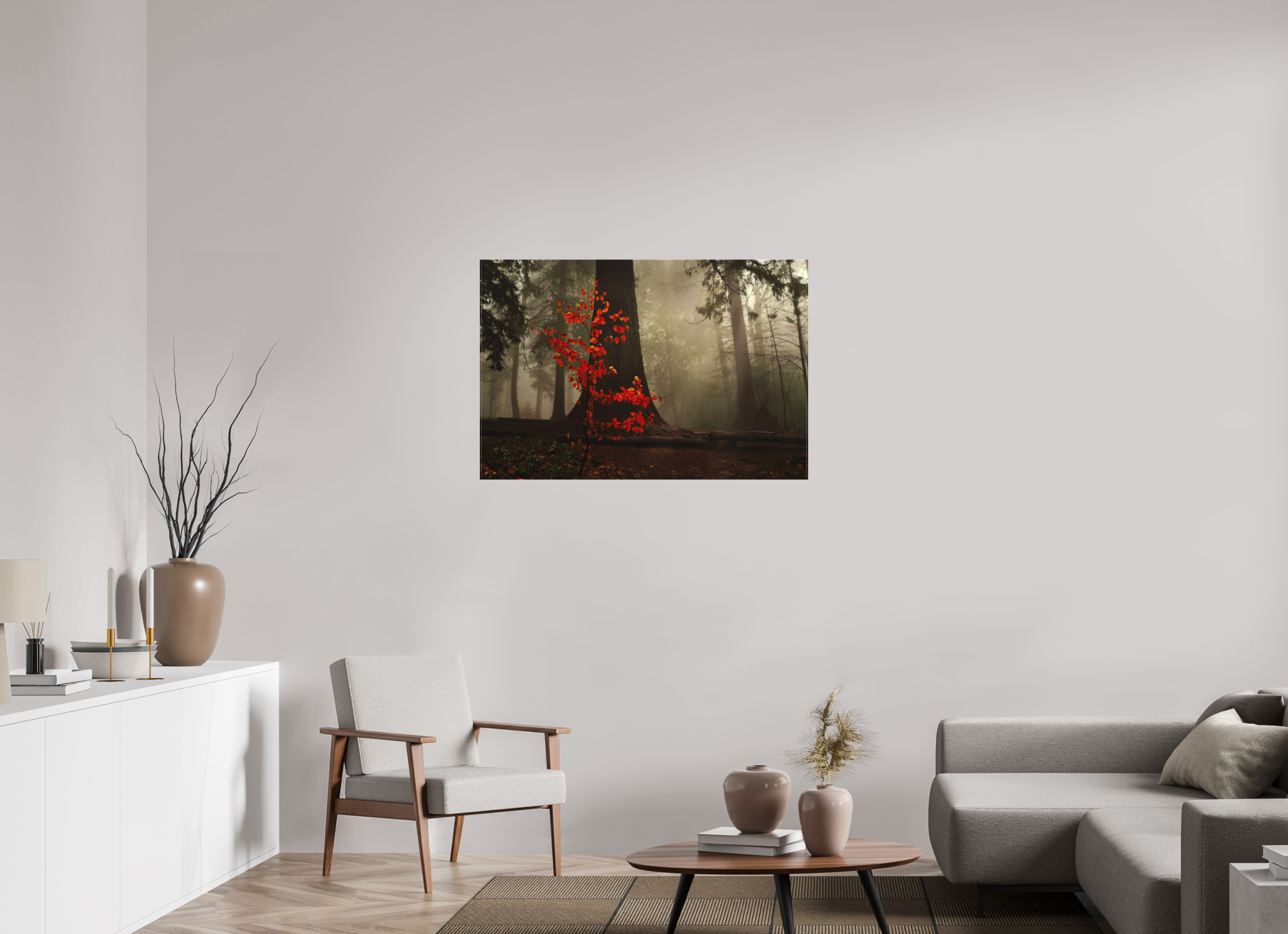 105 x 70 cm, Canvas Red Tree in Mist – Atmospheric Fine Art Print