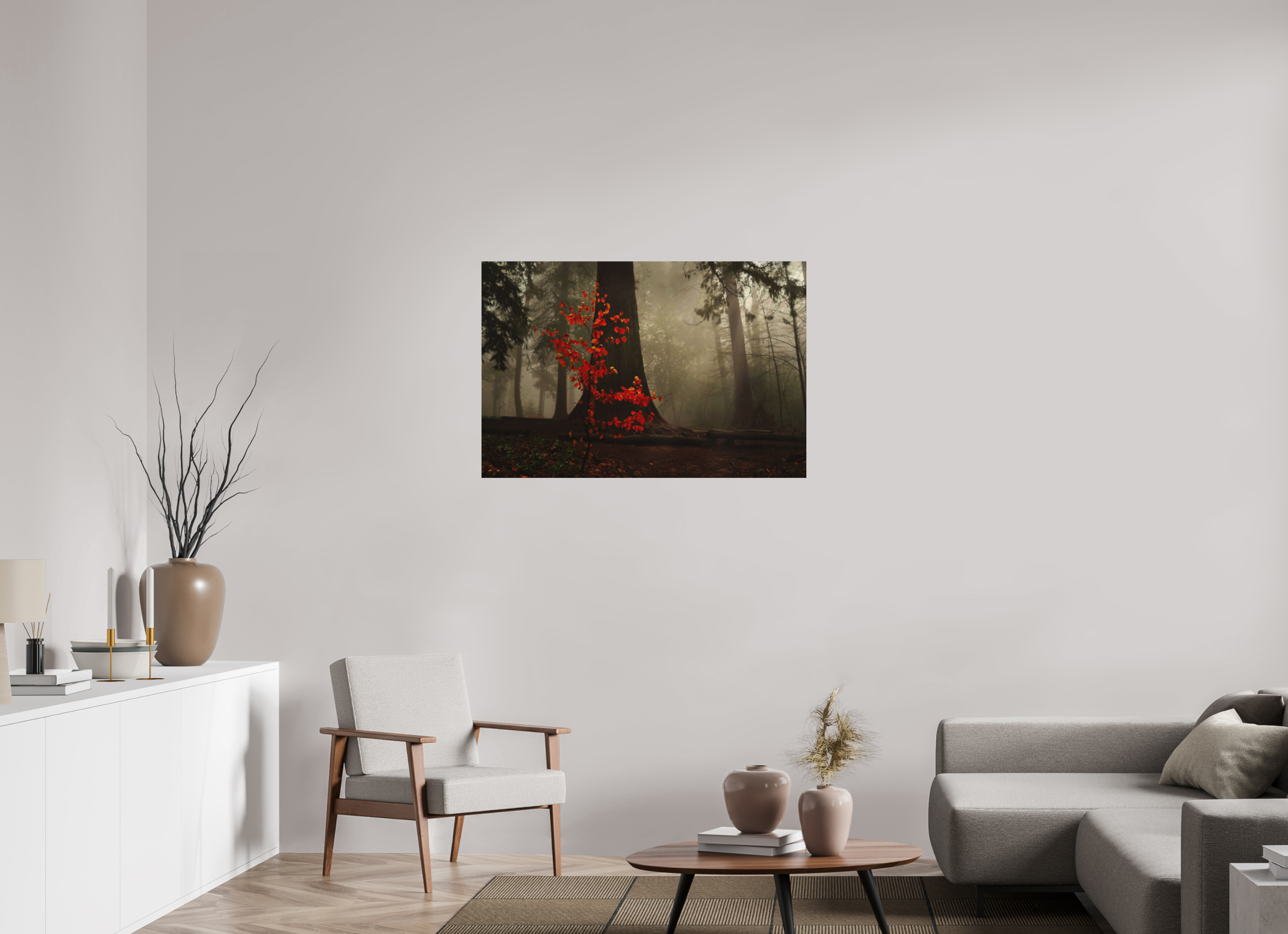 105 x 70 cm, Aluminum Dibond Red Tree in Mist – Atmospheric Fine Art Print