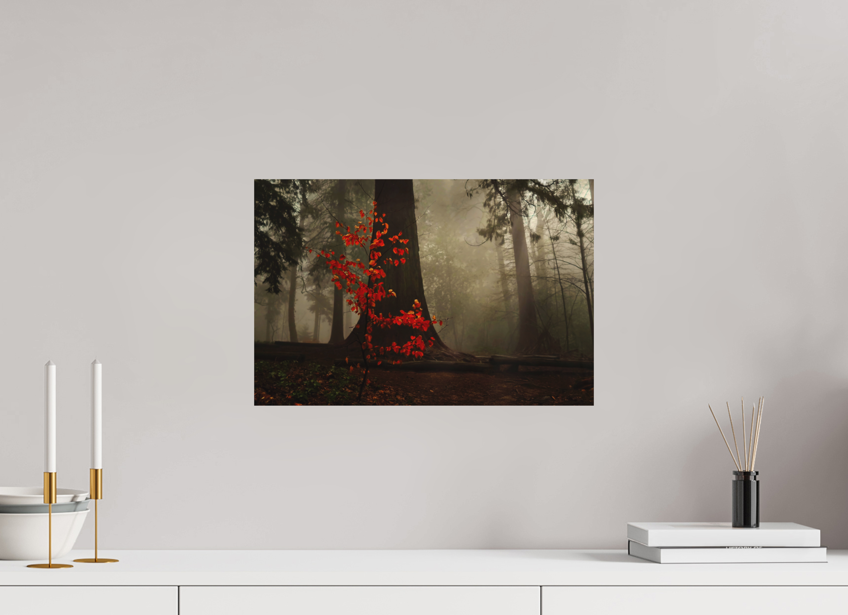 45 x 30 cm, Aluminum Dibond Red Tree in Mist – Atmospheric Fine Art Print