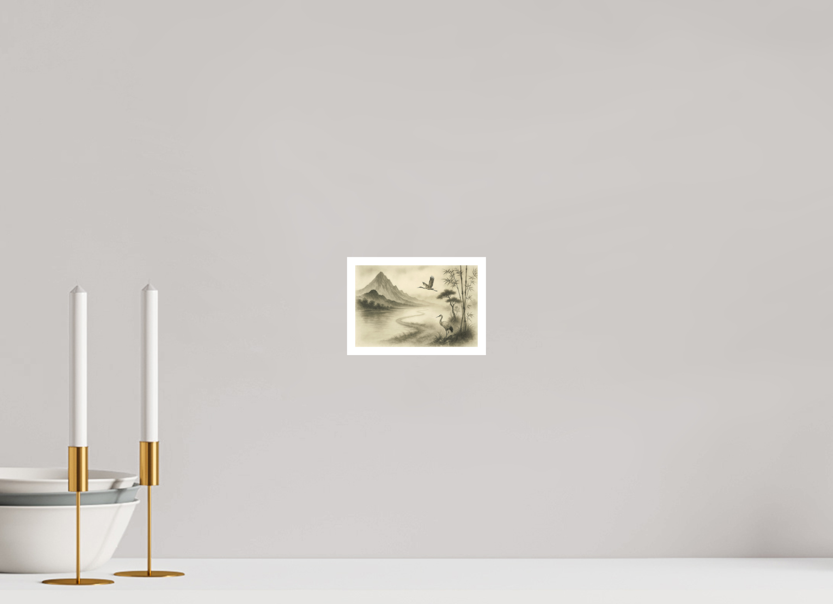15 x 10 cm, Poster Cranes in the Mist – Zen Ink Landscape