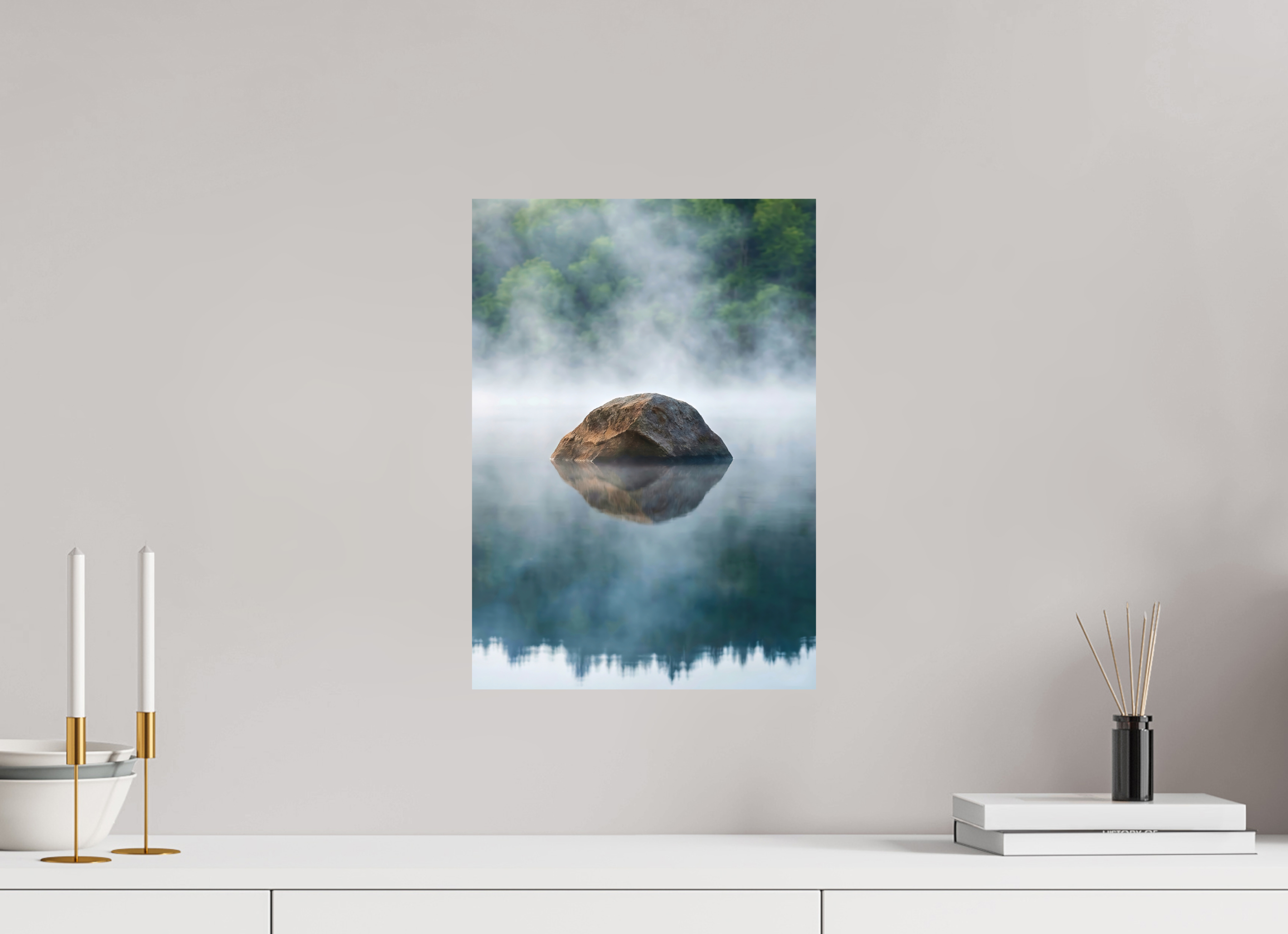 30 x 42,8 cm, Aluminum Dibond Stone in the Mist – Still Waters, Quiet Strength