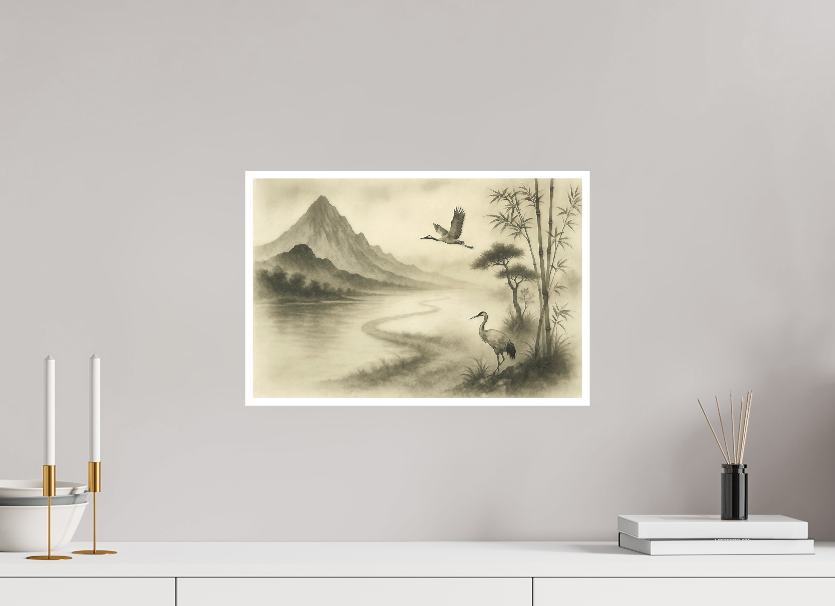 45 x 30 cm, Poster Cranes in the Mist – Zen Ink Landscape