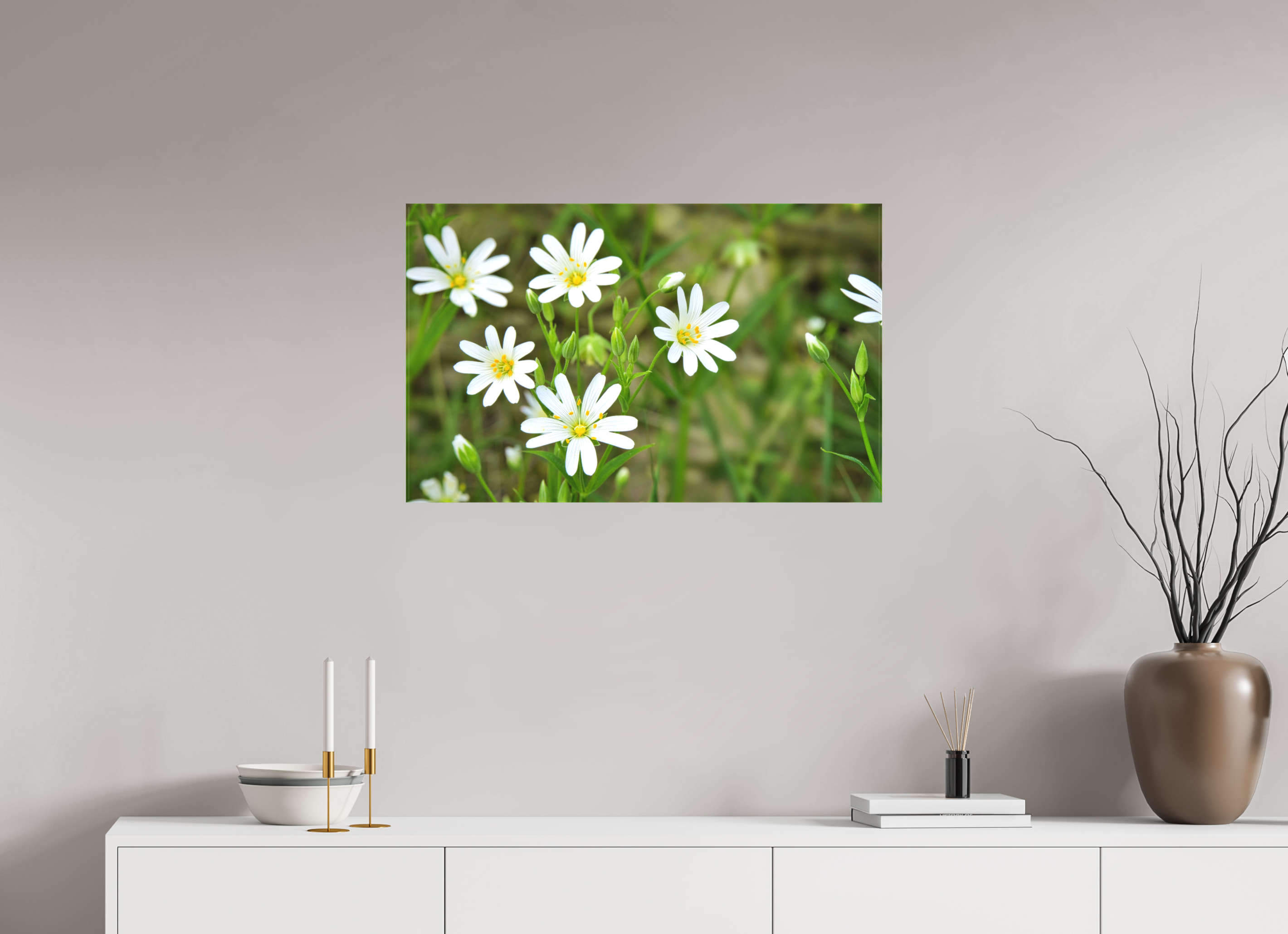 80,3 x 50 cm, Canvas The Silence of the Stitchwort – Botanical Elegance in Soft Green