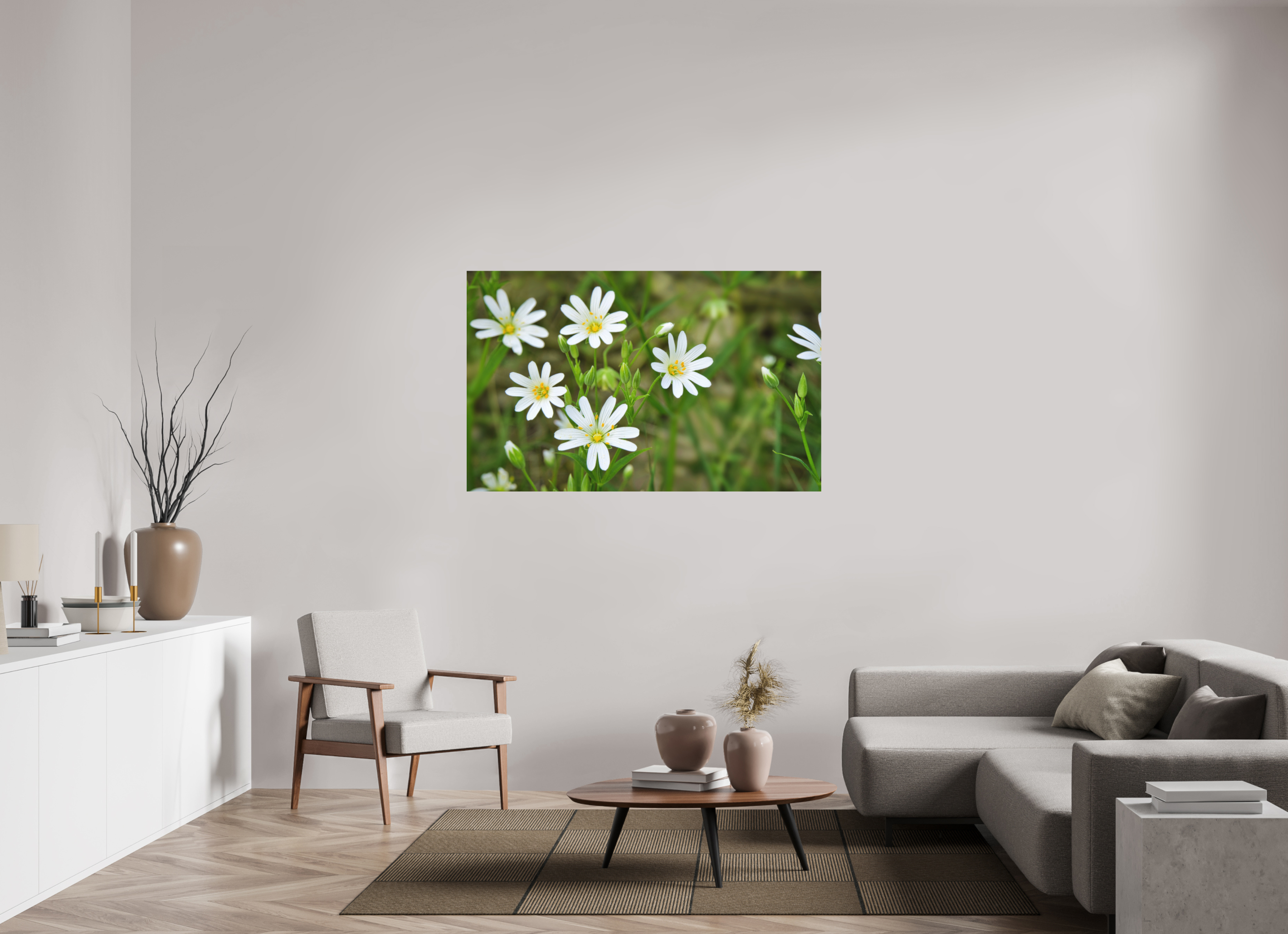 144,6 x 90 cm, Aluminum Dibond The Silence of the Stitchwort – Botanical Elegance in Soft Green