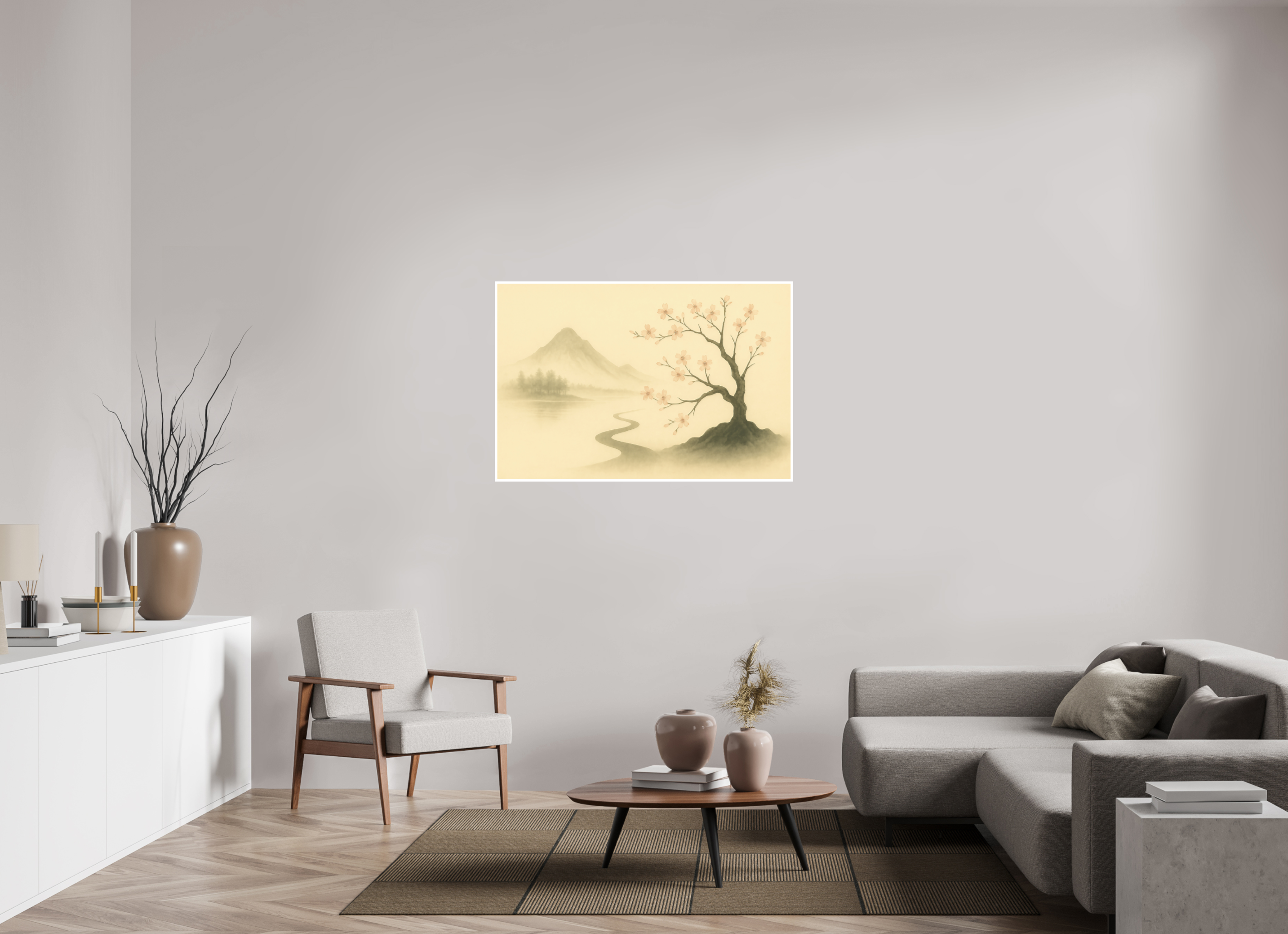 120 x 80 cm, Poster Blossom Path – Spring Light in the Mist