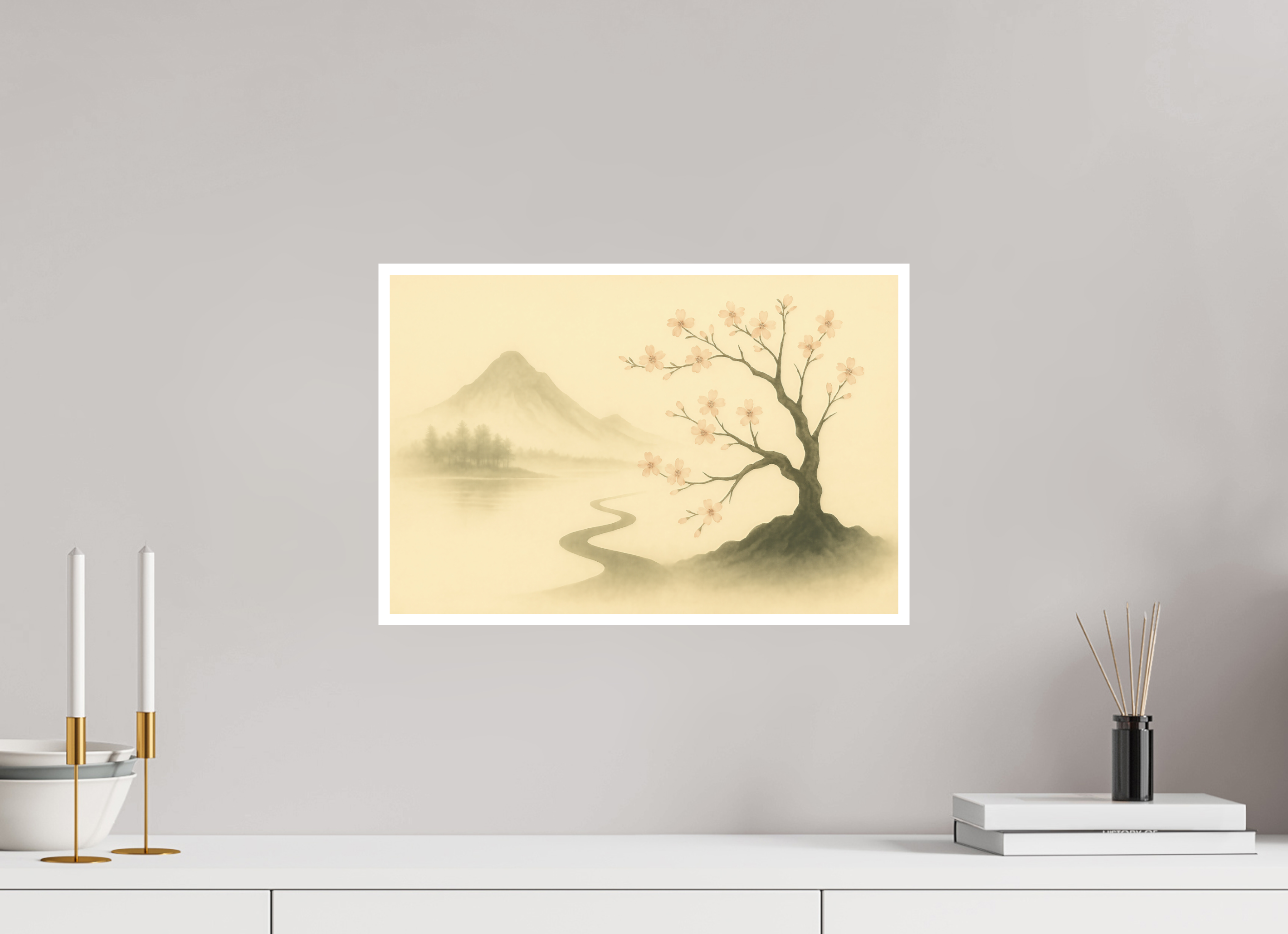 45 x 30 cm, Poster Blossom Path – Spring Light in the Mist