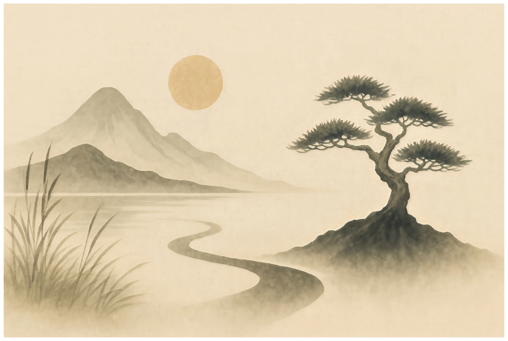 Main image River of Mist – Stillness Beneath the Sun: A peaceful river winding into a misty landscape with a lone tree and a soft sun, minimalist Zen ink-style fine art print on matte 100% cotton Hahnemühle paper.