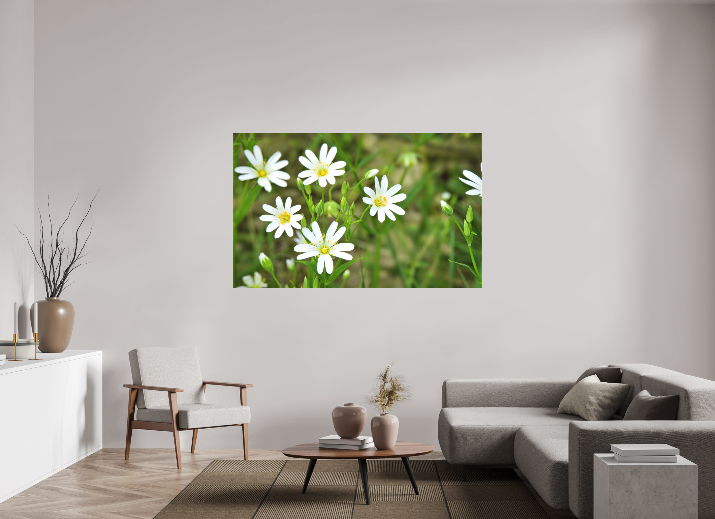 176,7 x 110 cm, Canvas The Silence of the Stitchwort – Botanical Elegance in Soft Green