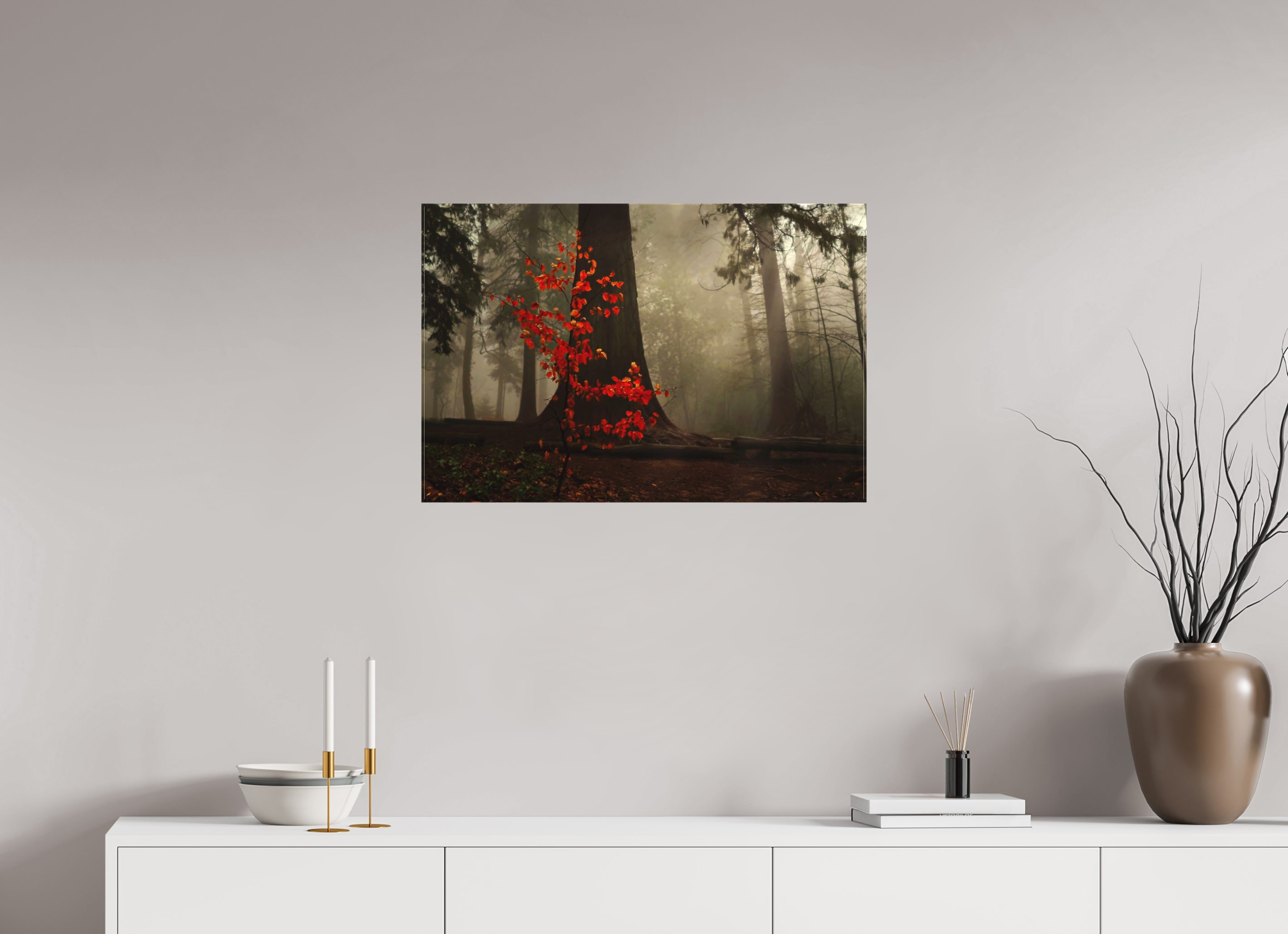 75 x 50 cm, Canvas Red Tree in Mist – Atmospheric Fine Art Print