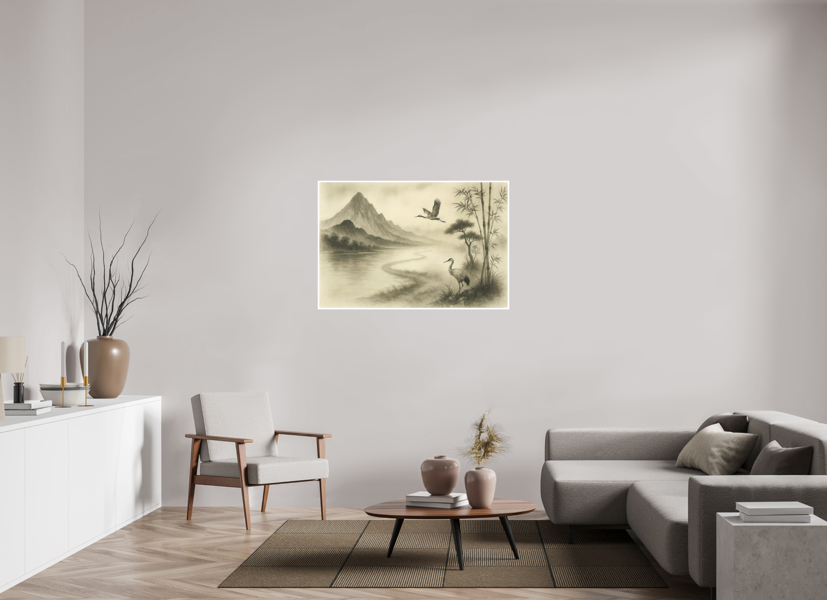 120 x 80 cm, Poster Cranes in the Mist – Zen Ink Landscape