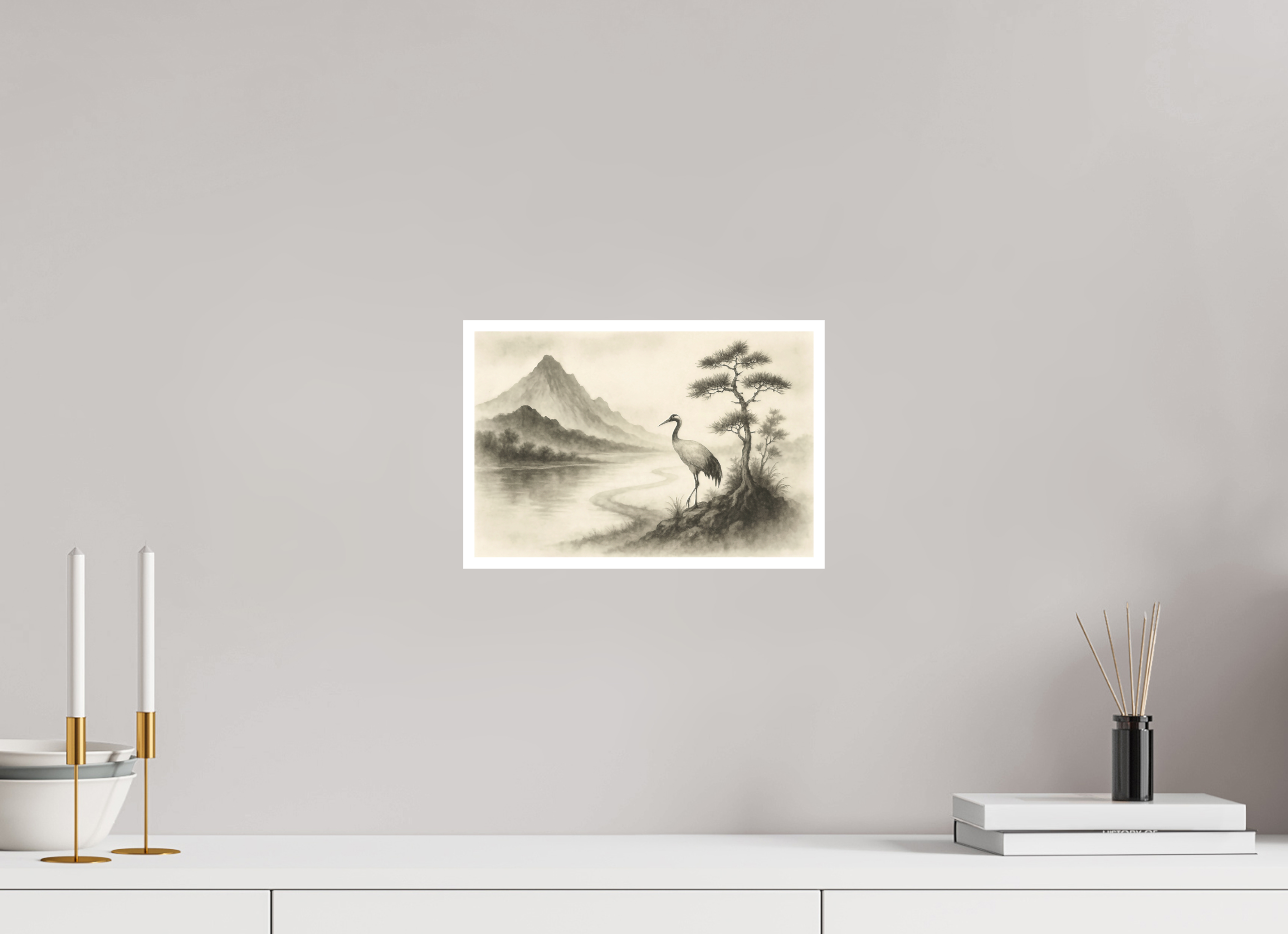 30 x 20 cm, Poster Crane by the Quiet River – Zen Ink Landscape