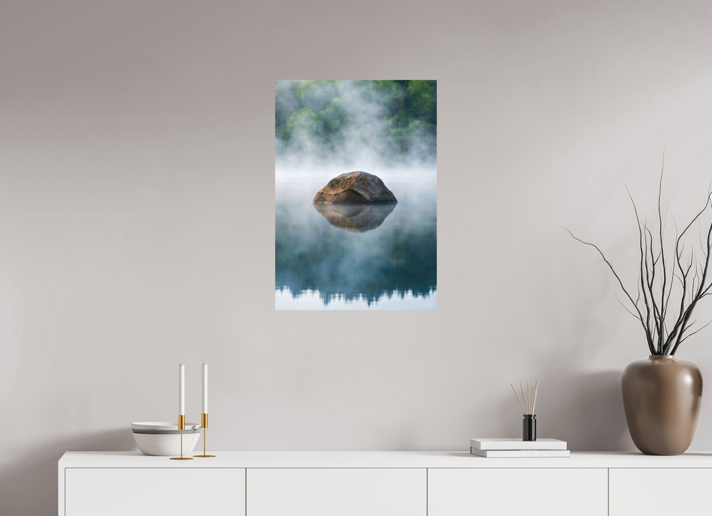50 x 71,3 cm, Aluminum Dibond Stone in the Mist – Still Waters, Quiet Strength