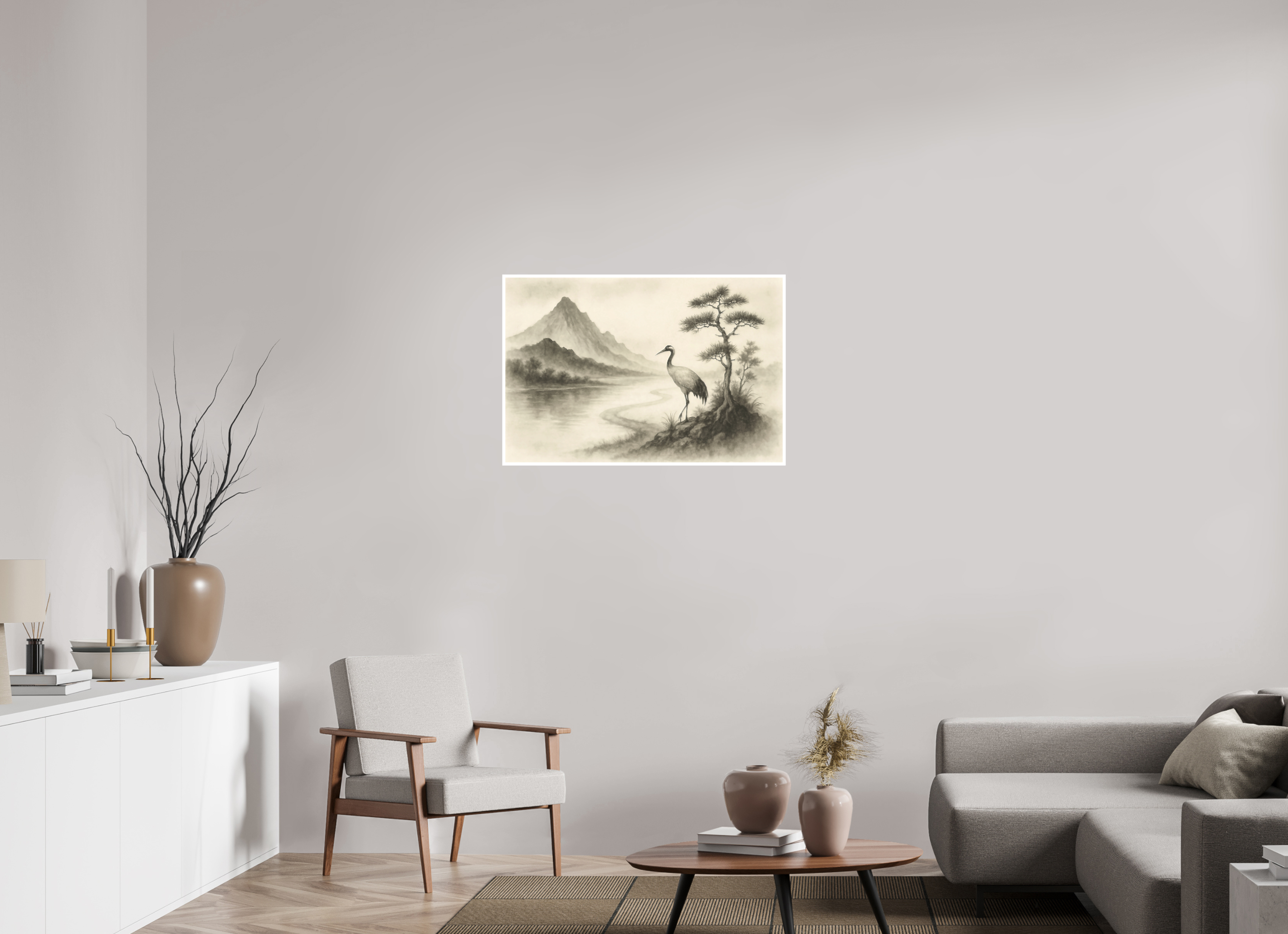 90 x 60 cm, Poster Crane by the Quiet River – Zen Ink Landscape