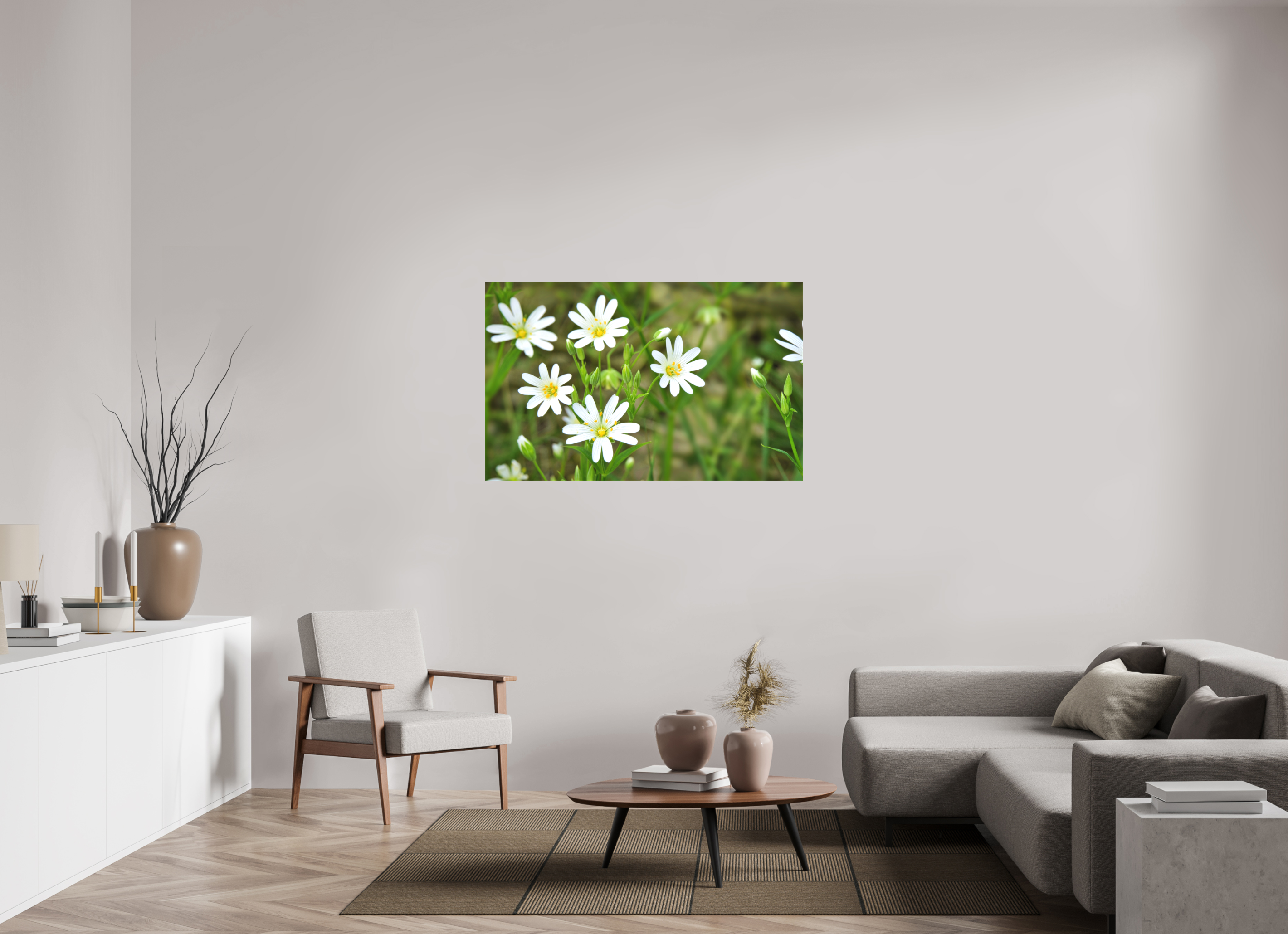 128,5 x 80 cm, Canvas The Silence of the Stitchwort – Botanical Elegance in Soft Green
