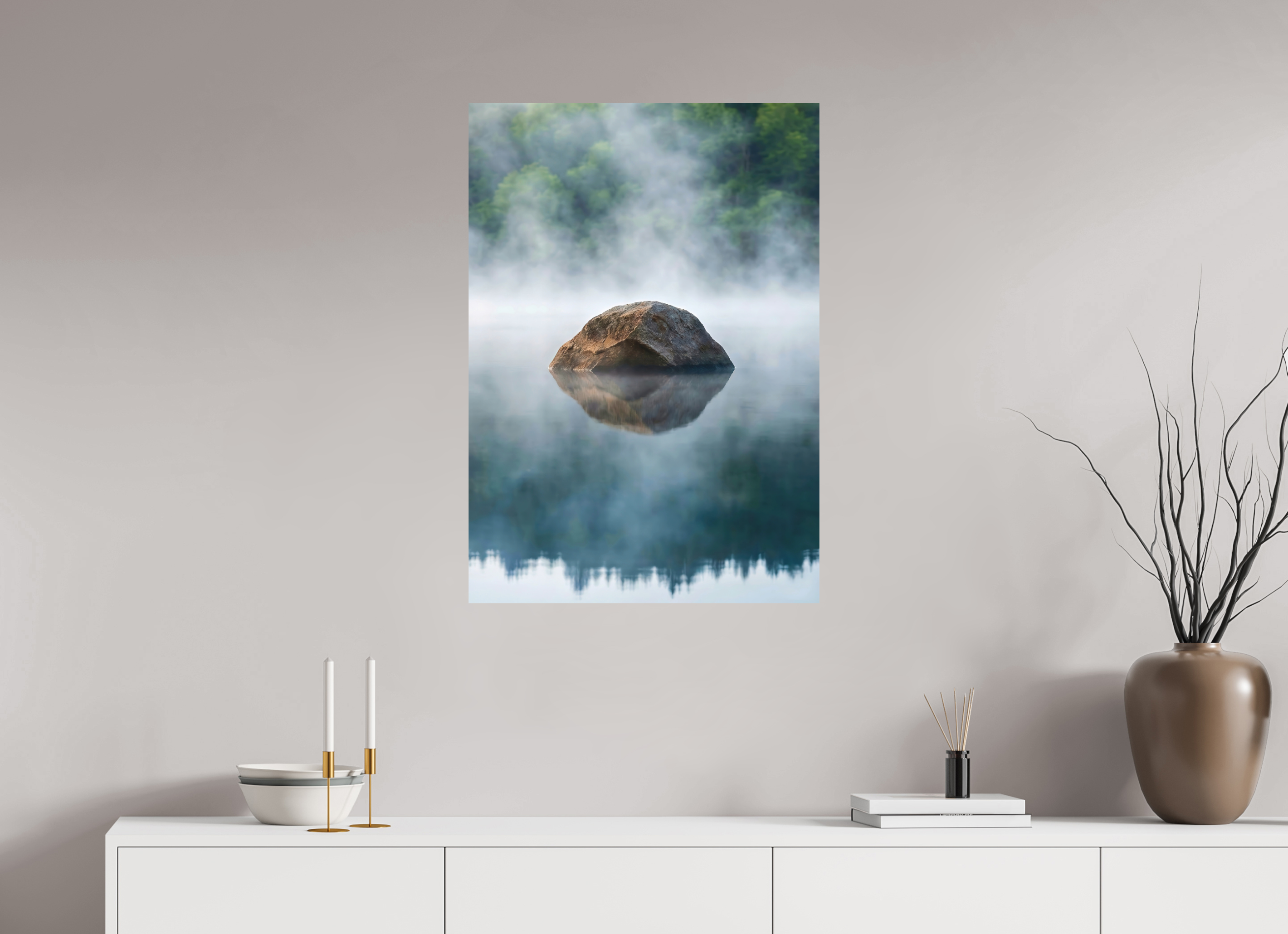 60 x 85,6 cm, Aluminum Dibond Stone in the Mist – Still Waters, Quiet Strength