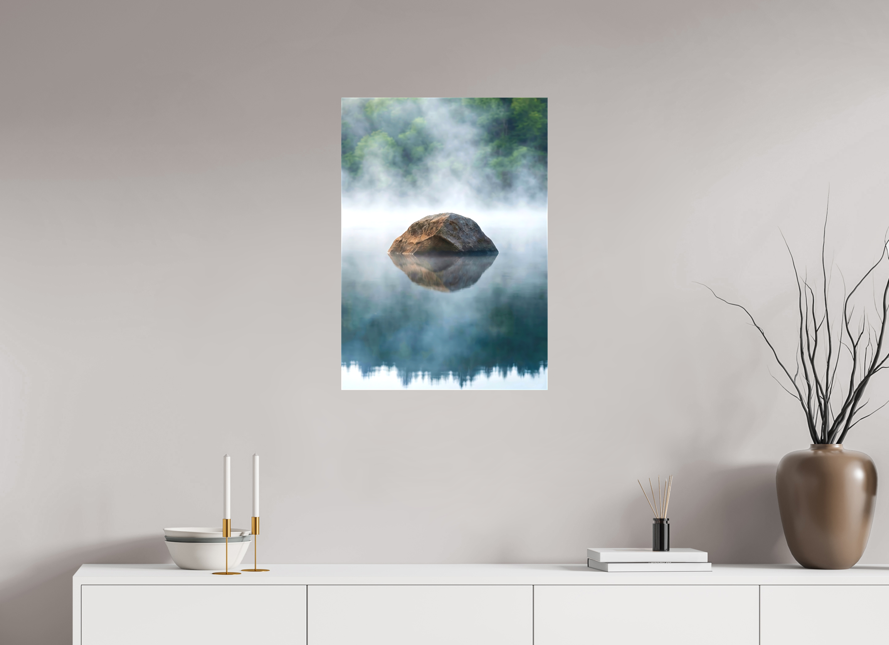 50 x 71,3 cm, Canvas Stone in the Mist – Still Waters, Quiet Strength