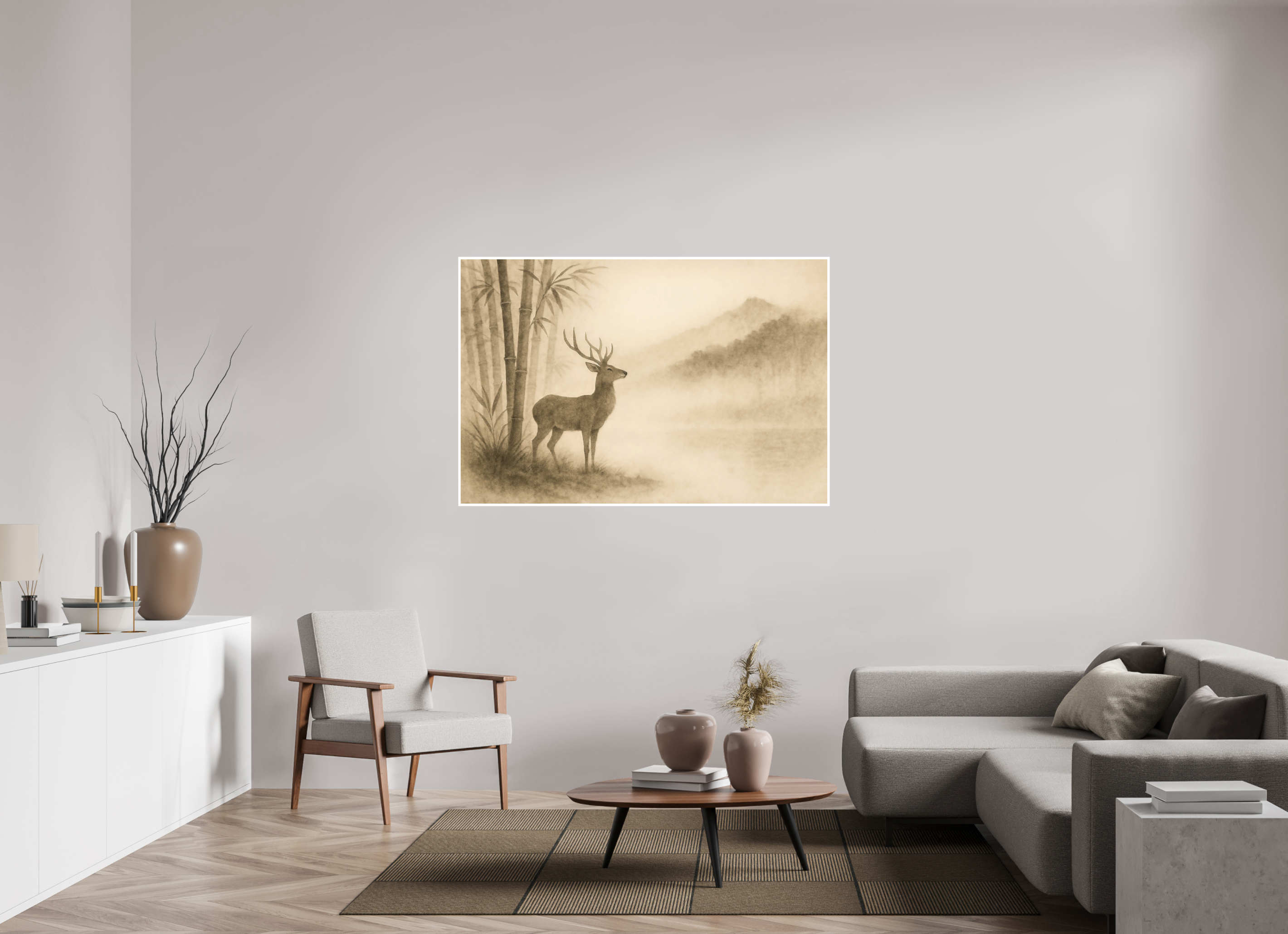 150 x 100 cm, Poster Deer in the Mist – Quiet Strength