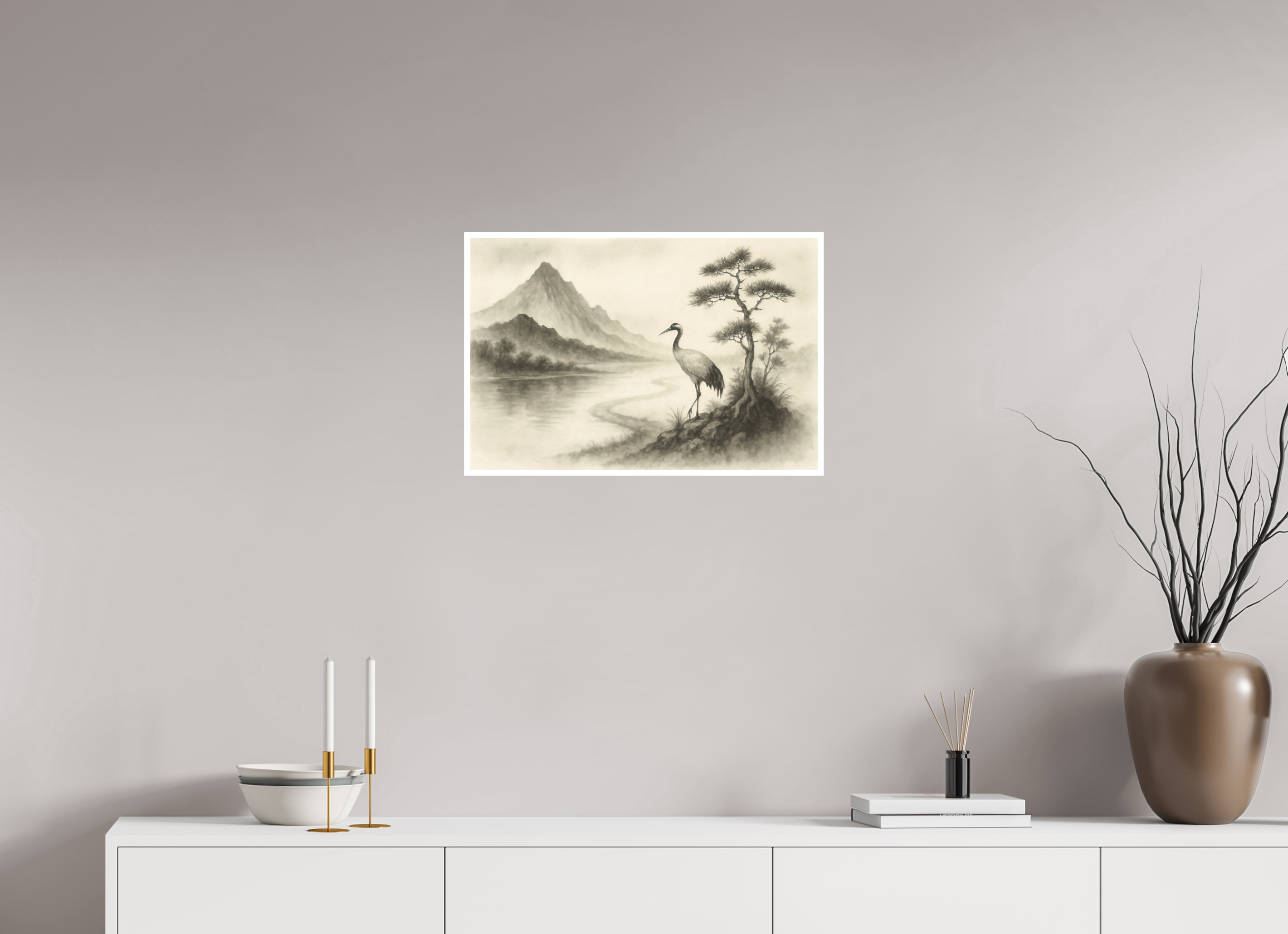 60 x 40 cm, Poster Crane by the Quiet River – Zen Ink Landscape