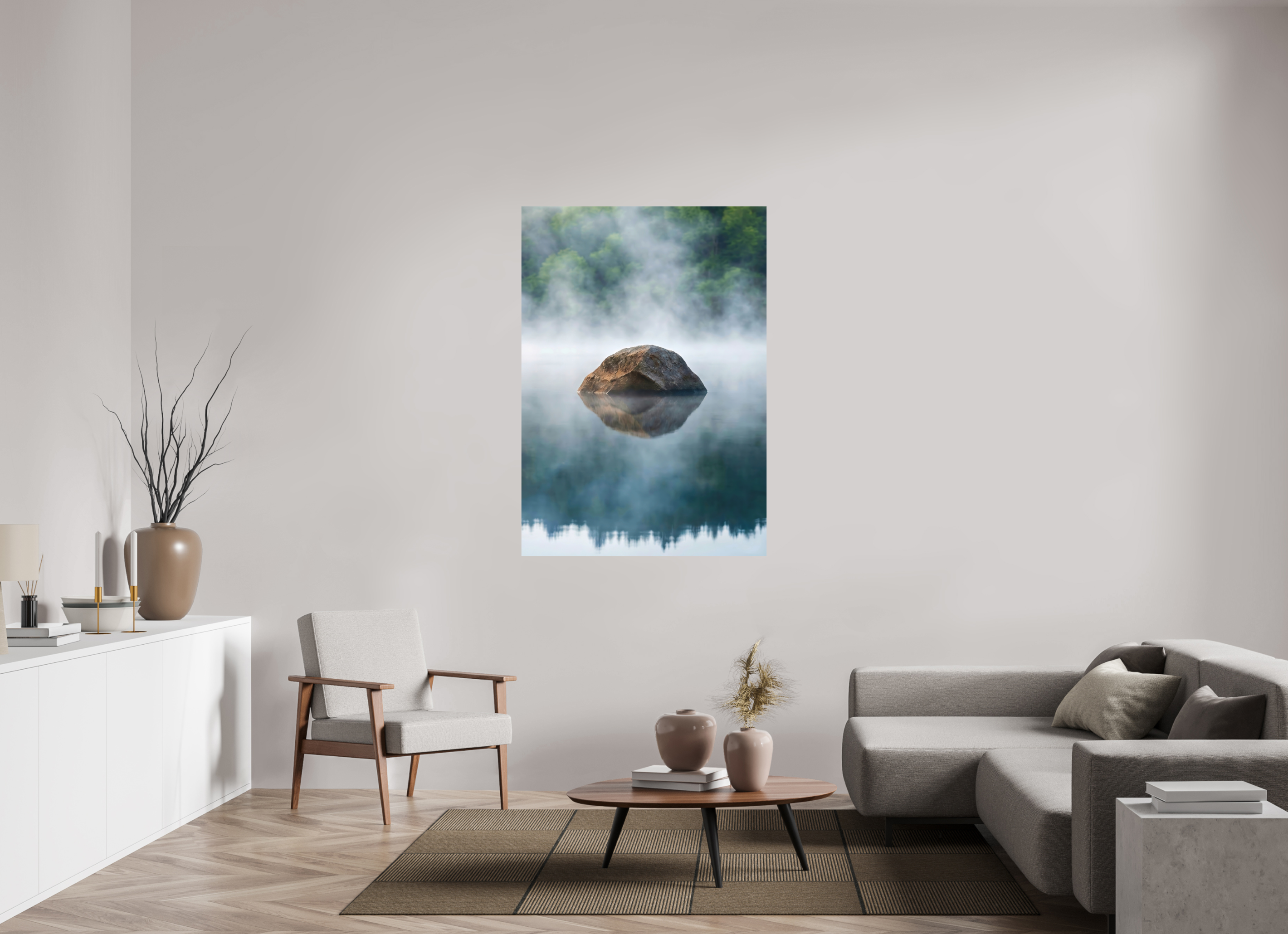 100 x 142,6 cm, Aluminum Dibond Stone in the Mist – Still Waters, Quiet Strength