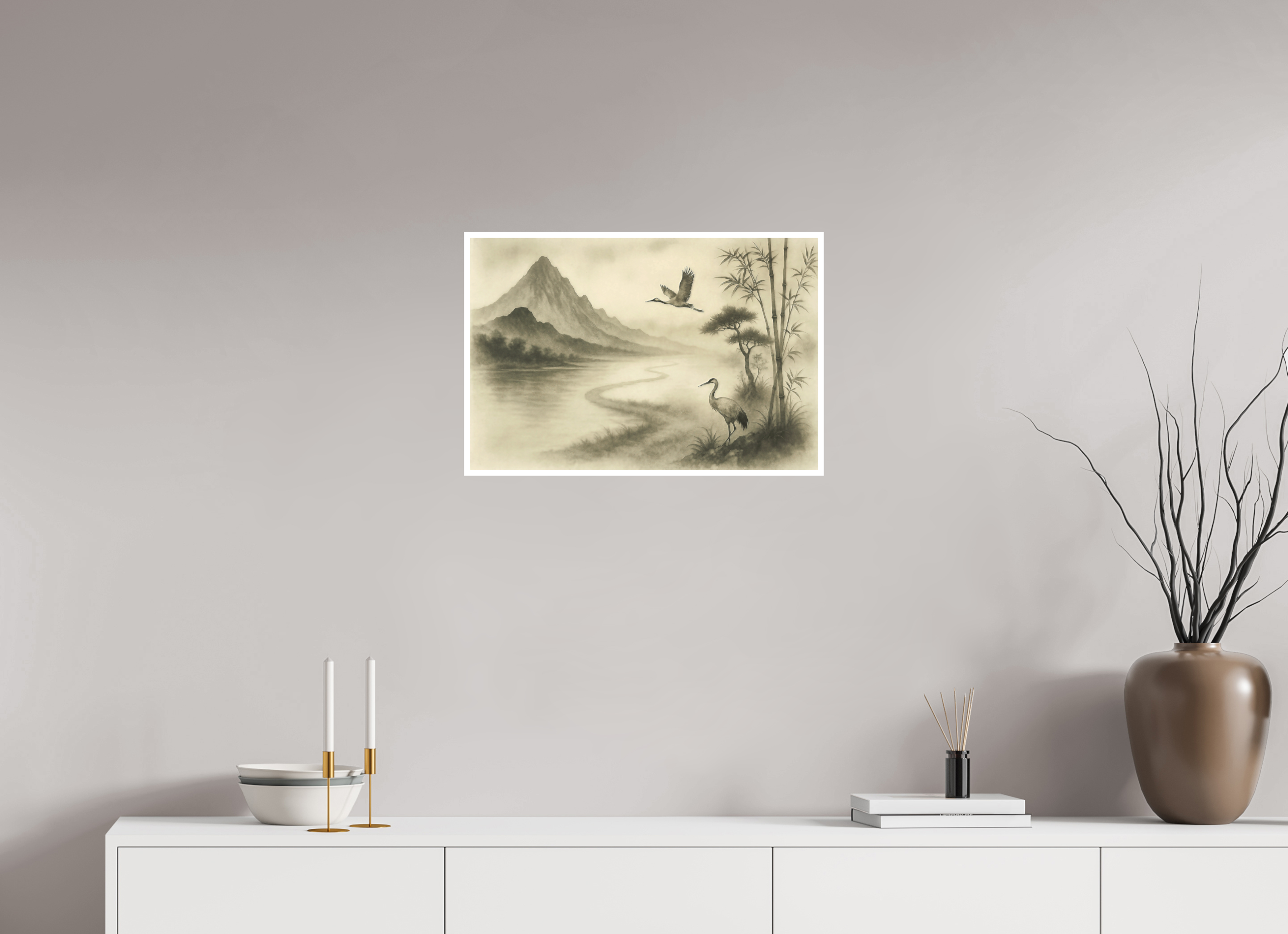 60 x 40 cm, Poster Cranes in the Mist – Zen Ink Landscape