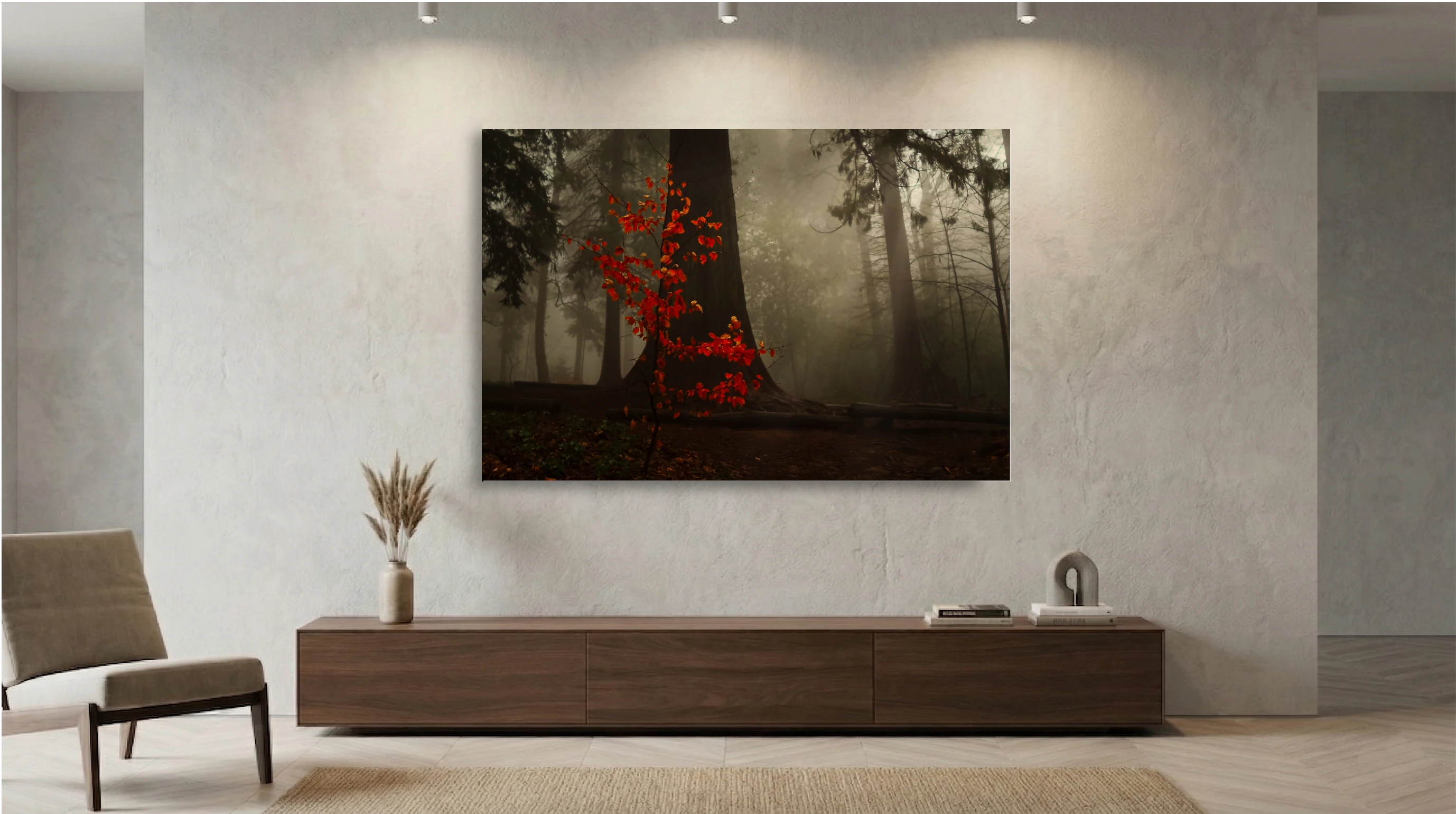 Red Tree in Mist – Atmospheric Fine Art Print